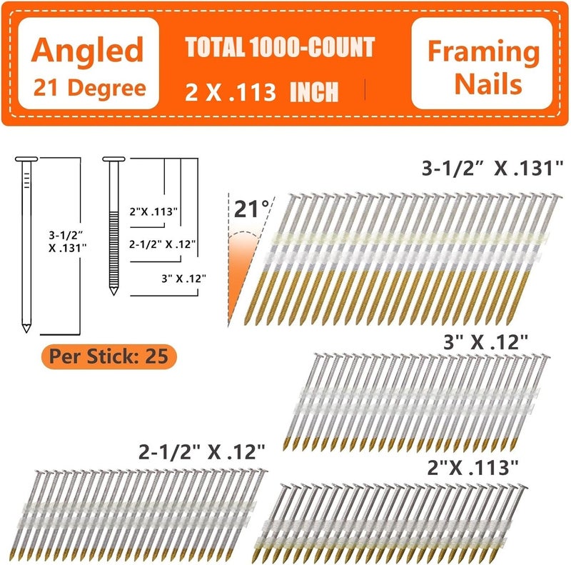 SITLDY 21 Degree Framing Nails 1000 Count, 2-Inch x .113" Ring Shank, Full Round Head Hot Dipped Galvanized, for Pneumatic Electric 20 to 22 Degree Framing Nailer - Image 2